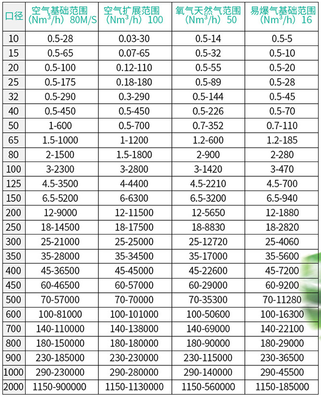 鍋爐用熱式質(zhì)量流量計口徑流量范圍表